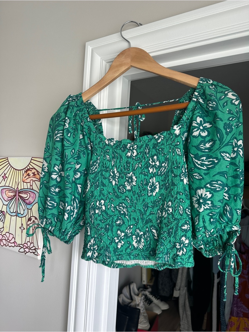 Together Green Floral Smocked Puff-Sleeve Crop Top